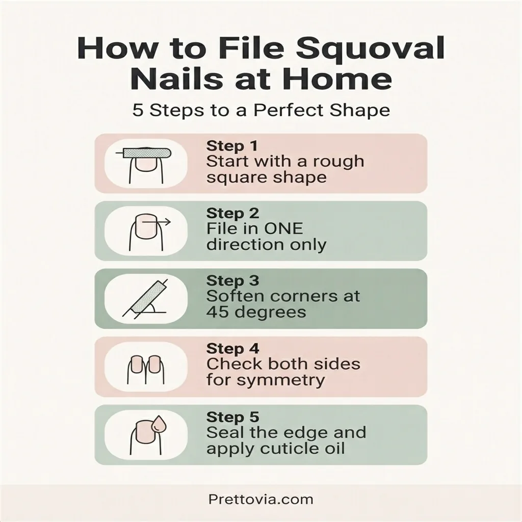 Flat vector step-by-step infographic showing how to file squoval nails at home in five labeled stages from rough square shape to finished softened corners.