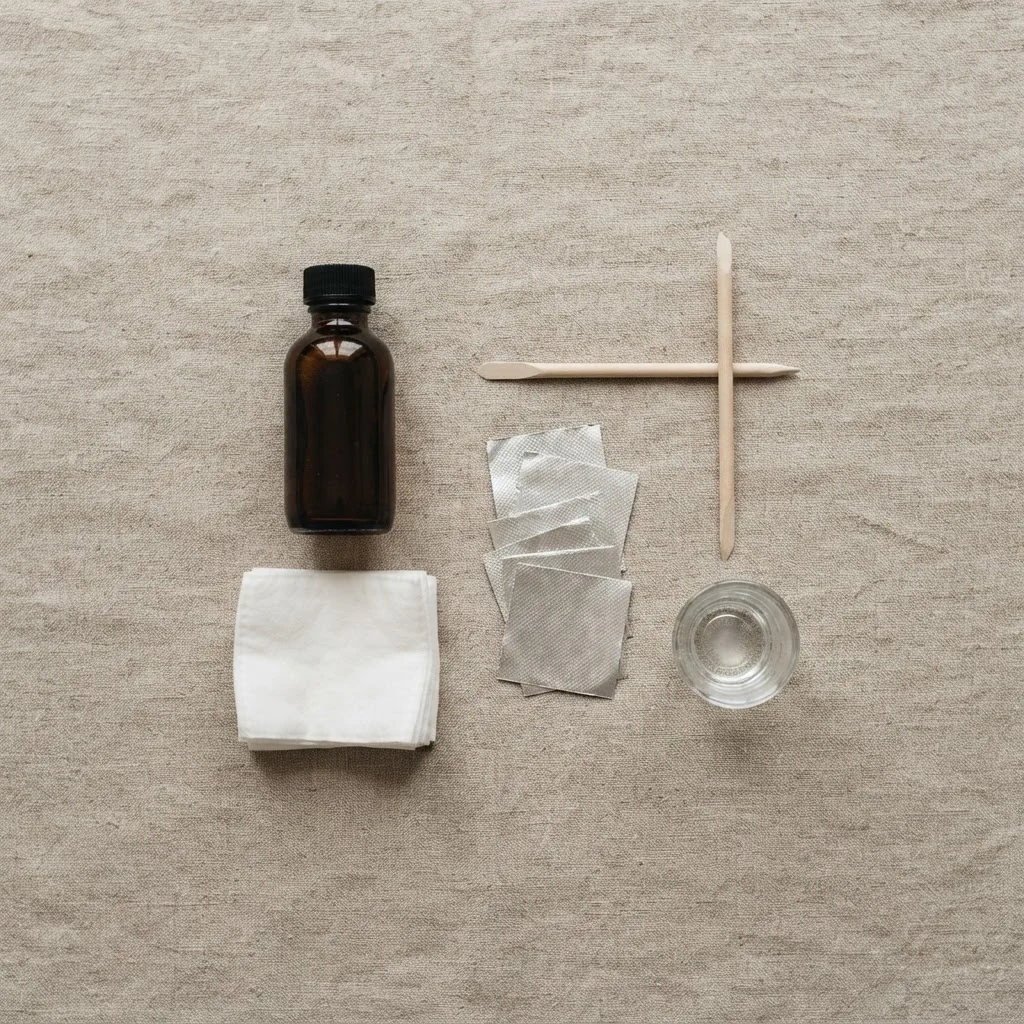 Clean product flatlay of at-home gel nail removal supplies including acetone bottle, cotton pads, aluminum foil squares, and a cuticle pusher on a soft neutral surface.