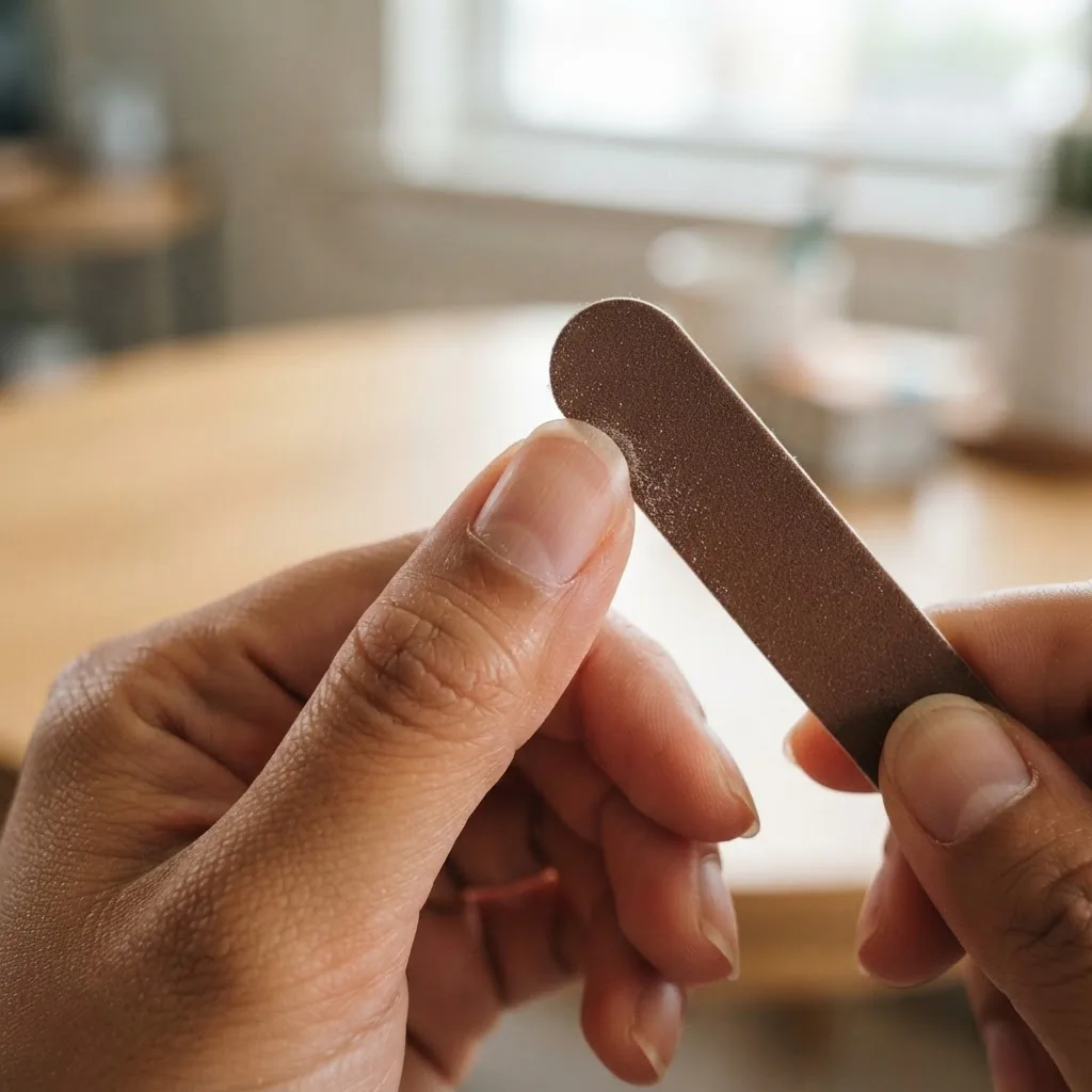 Close-up in-progress photo of a nail file held at a 45-degree angle softening the corner of a squoval nail on a medium-tan hand under soft natural light.