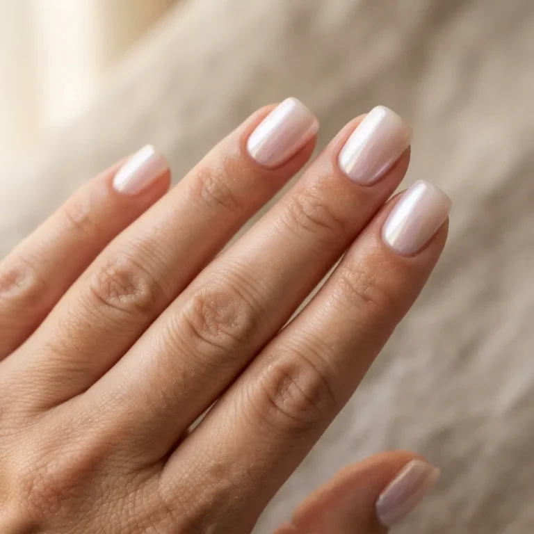 Close-up of squoval nails with a glazed chrome finish on a realistic natural hand showing the flat-top shape and softly rounded corners in warm window light.