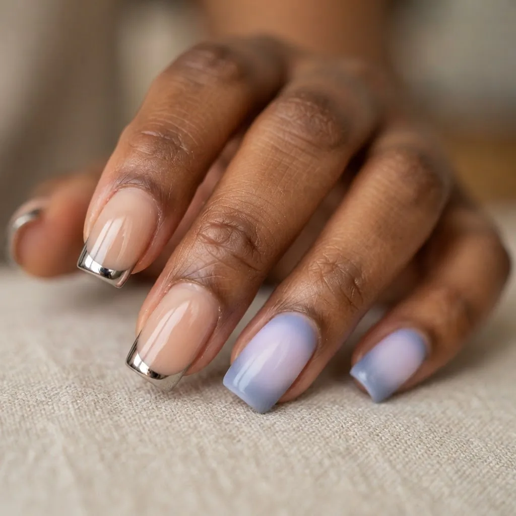 Close-up macro photo of squoval nails showing a modern chrome French tip design alongside an aura ombre gradient effect on a warm-toned hand in soft indoor light.