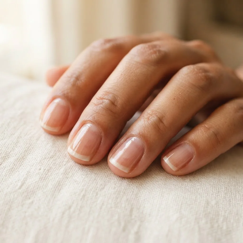 Close-up macro shot of clean healthy natural nails with a sheer glossy strengthening coat on realistic hands with warm skin tone, soft natural window light, aspirational at-home beauty.