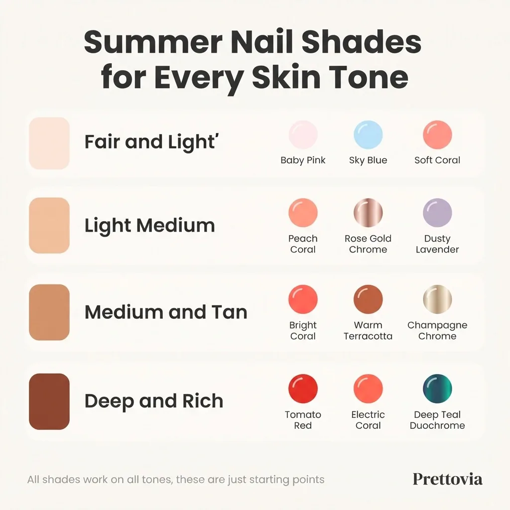 Flat vector infographic titled Summer Nail Shades by Skin Tone showing four skin tone swatches from fair to deep paired with recommended summer polish colors including coral, terracotta, rose gold, papaya, and duochrome teal.