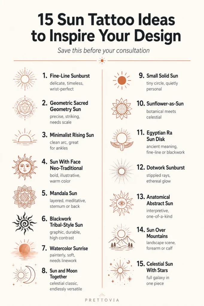 Flat vector checklist infographic titled 15 Sun Tattoo Ideas listing all fifteen design concepts in two organized columns with a small sun icon beside each entry on a soft warm-toned background.