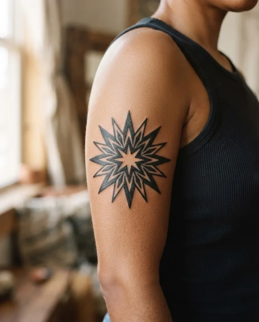 Close-up of a bold blackwork geometric sun tattoo on the outer upper arm of a woman in her thirties, solid black ink rays and negative space detail photographed in warm studio light.