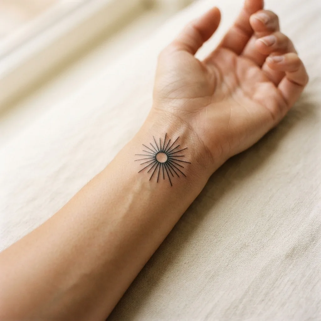 Close-up of a healed fine-line sun tattoo on the inner wrist of a woman in her twenties, delicate black ink rays radiating from a clean circle against warm natural skin tone in soft window light.