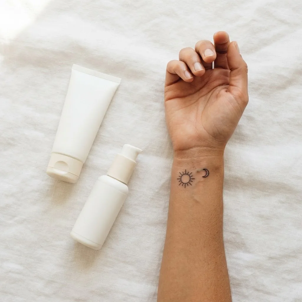 Overhead flat lay of a broad-spectrum SPF sunscreen tube and a fragrance-free lotion beside a wrist showing a healed fine-line sun tattoo on a clean white linen surface in bright natural light.