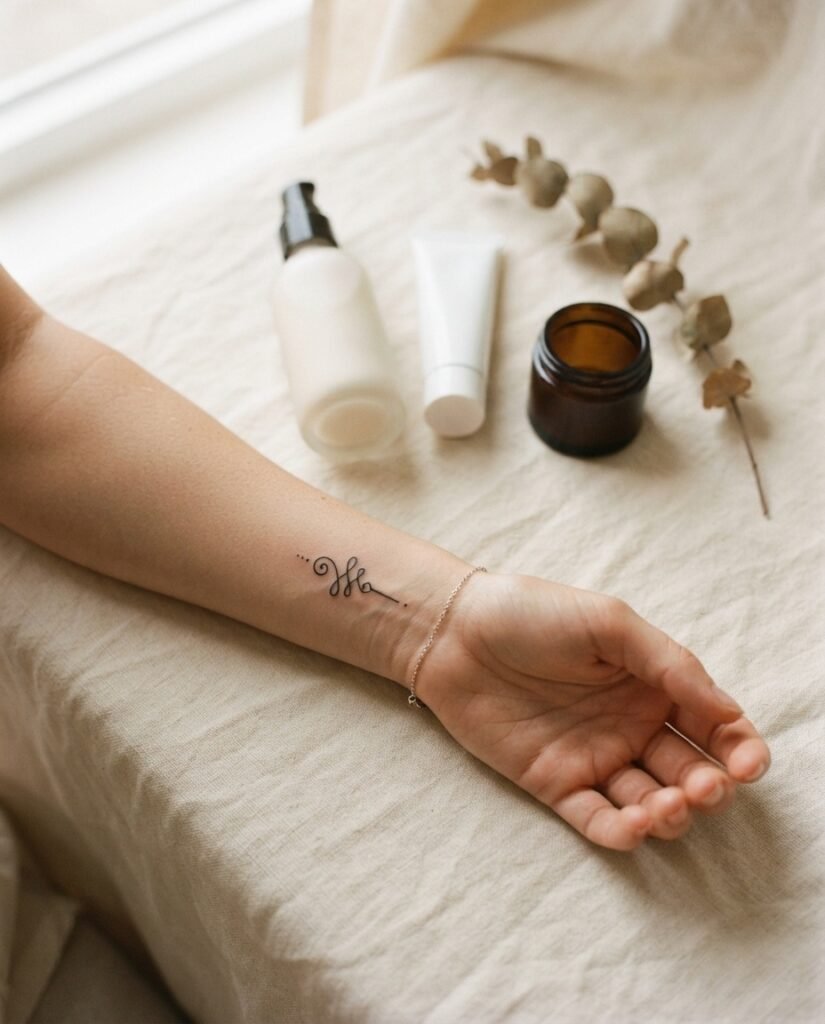 Soft flatlay of fragrance-free lotion and gentle cleanser beside a close-up of a healed minimalist symbolic tattoo on a woman's wrist showing healthy healed skin in warm natural light.