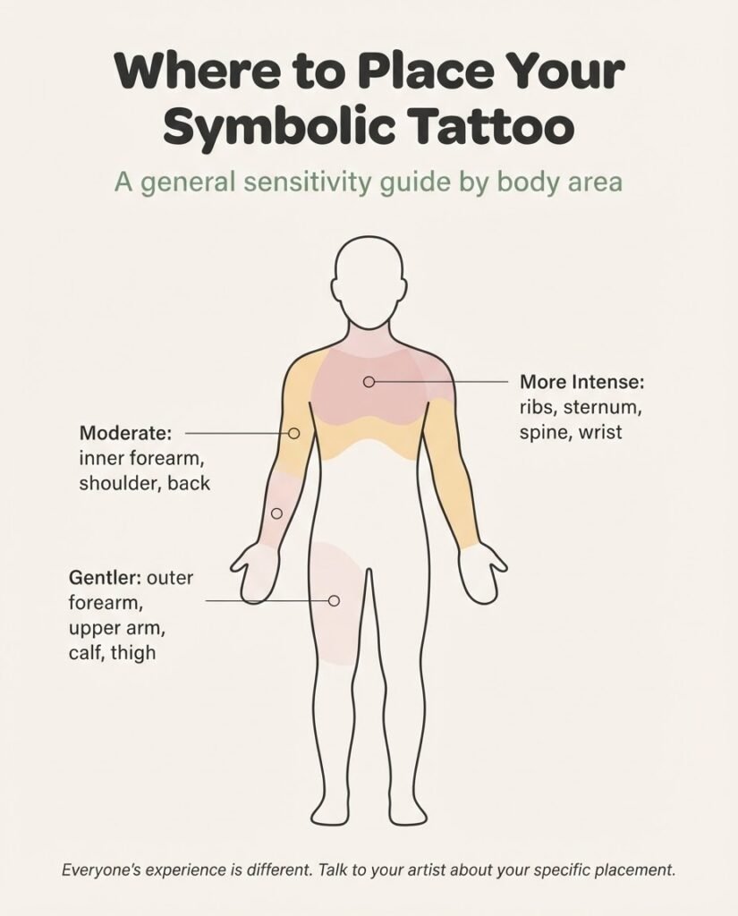 Minimalist flat vector body placement and pain level guide infographic for symbolic tattoos showing low medium and high sensitivity zones with clean icons on a warm ivory background.