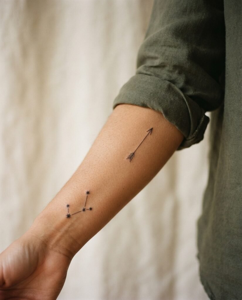 Editorial close-up of a woman's inner forearm showing two small healed symbolic tattoos including an arrow and a celestial star cluster, in warm soft natural light on medium-toned skin.
