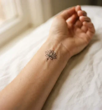 Close-up of a healed fine line lotus flower symbolic tattoo on the inner wrist of a woman in her twenties, photographed in soft natural window light against clean skin.