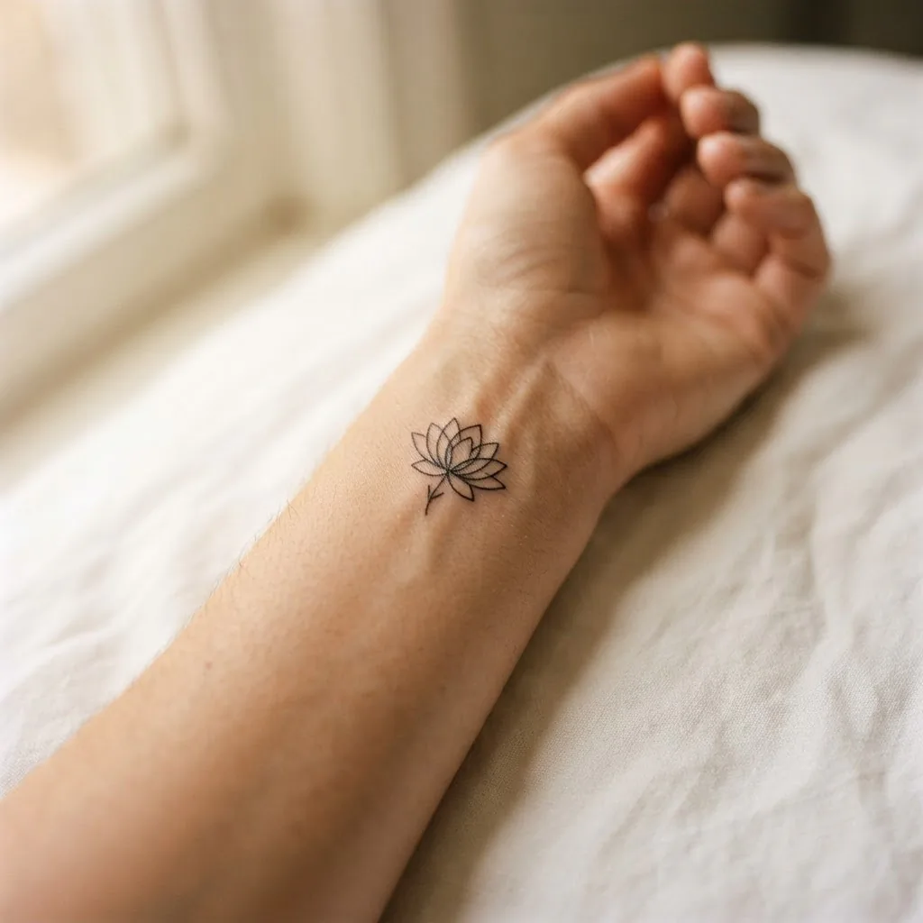 Close-up of a healed fine line lotus flower symbolic tattoo on the inner wrist of a woman in her twenties, photographed in soft natural window light against clean skin.