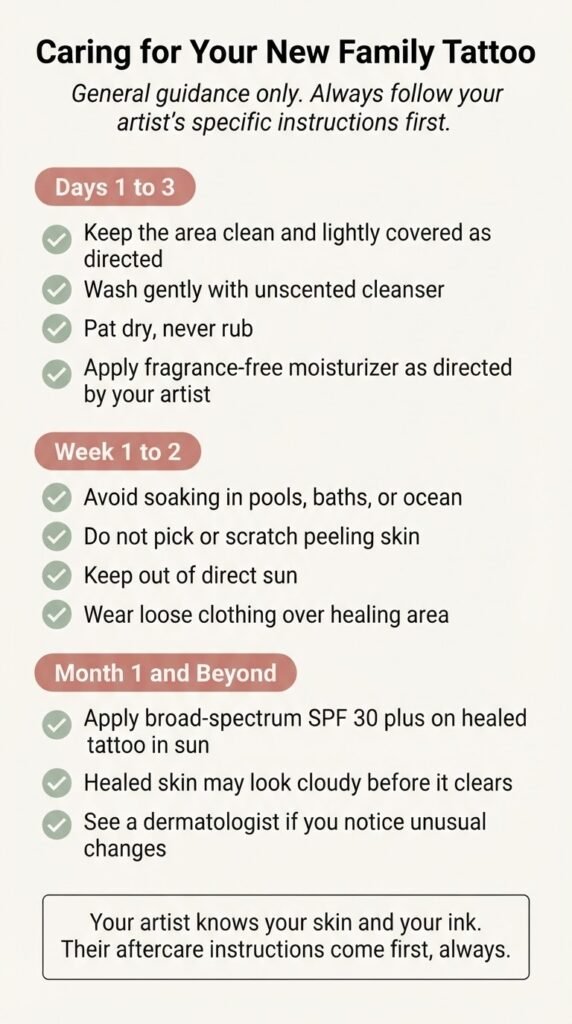 A minimalist aftercare checklist infographic for new tattoos covering the healing timeline, sun protection, moisturizing, and when to contact a dermatologist, designed in a soft feminine color palette.