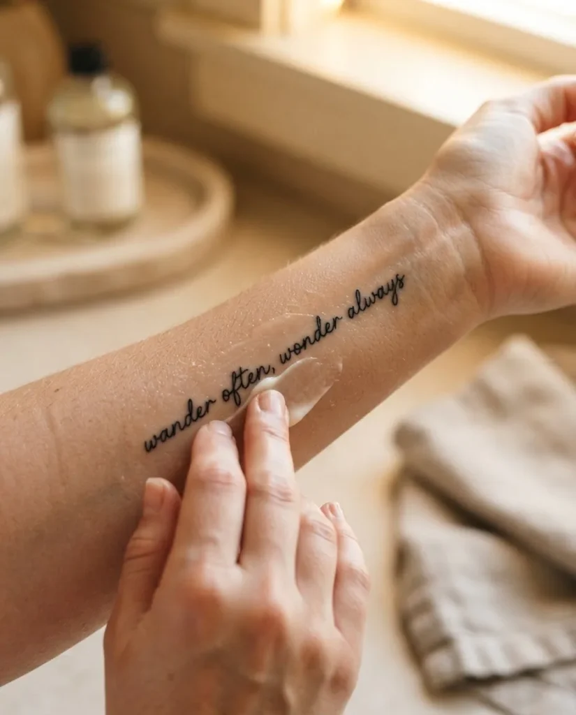 Close-up of a woman's forearm with a healing script tattoo being gently moisturized with a fragrance-free lotion, soft warm bathroom lighting, skin appearing clean and well cared for.