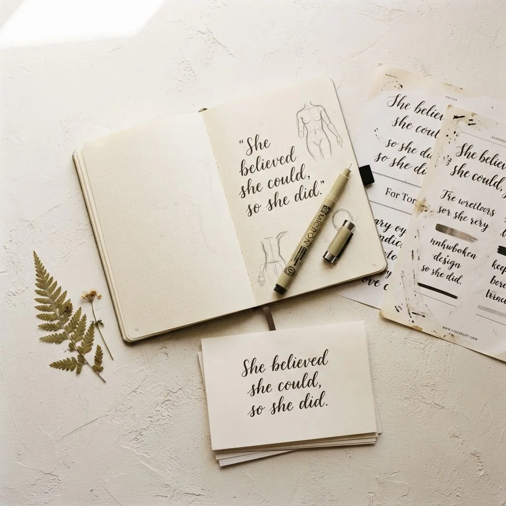 Flat lay of tattoo consultation planning materials including an open dot-grid journal with a handwritten quote, printed font reference sheets, and a fine-tip pen on a warm neutral surface.
