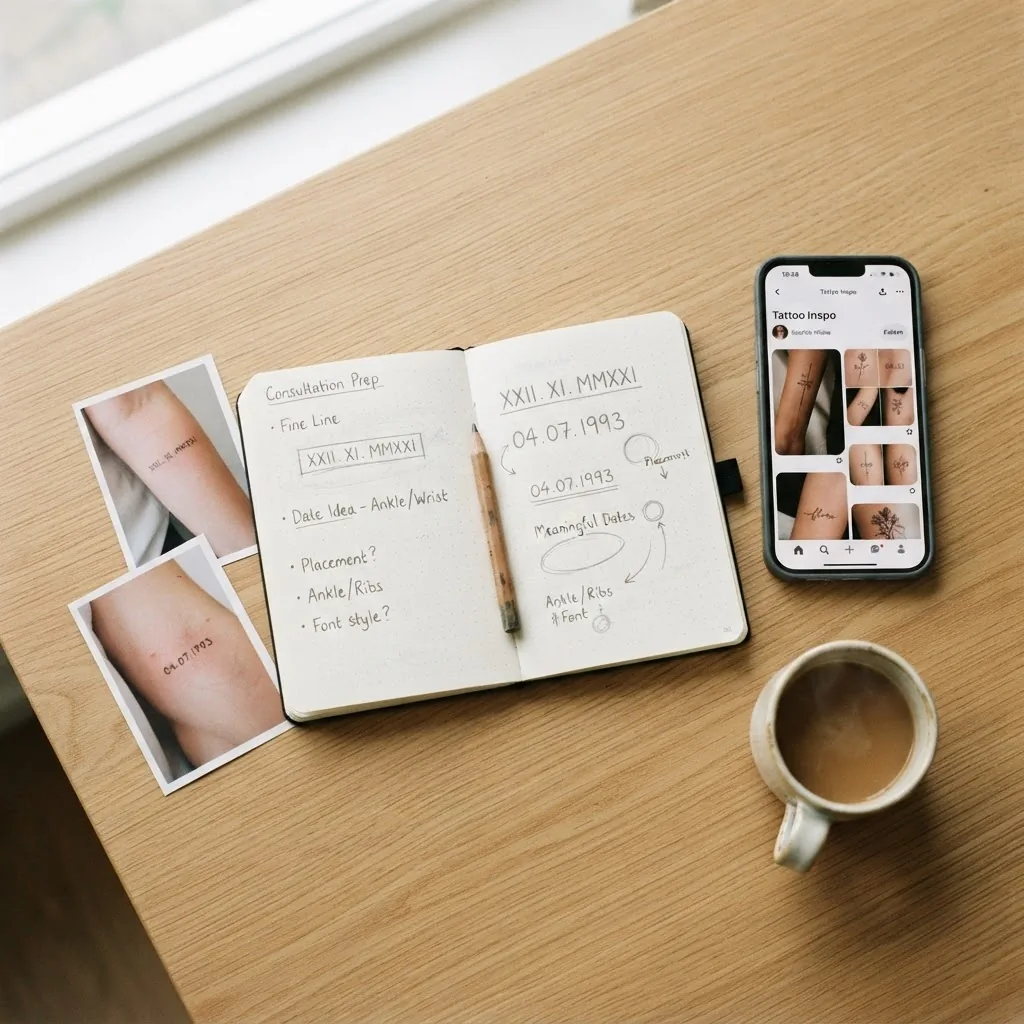 Overhead flatlay of a tattoo planning consultation scene showing an open sketchbook with floral reference sketches printed photos a phone and a warm cup of coffee on a light wood surface.