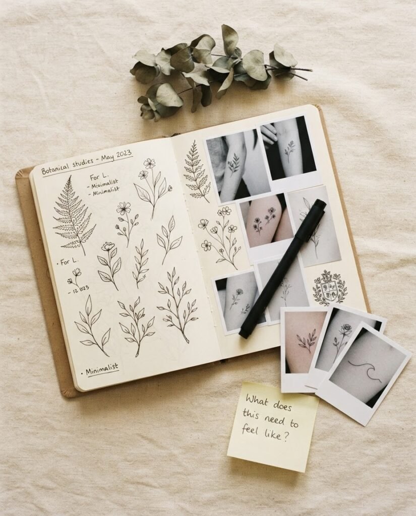 A warm flatlay of tattoo consultation planning items including a sketchbook with reference sketches, printed inspiration images, a pen, and a mood board on a light neutral surface.