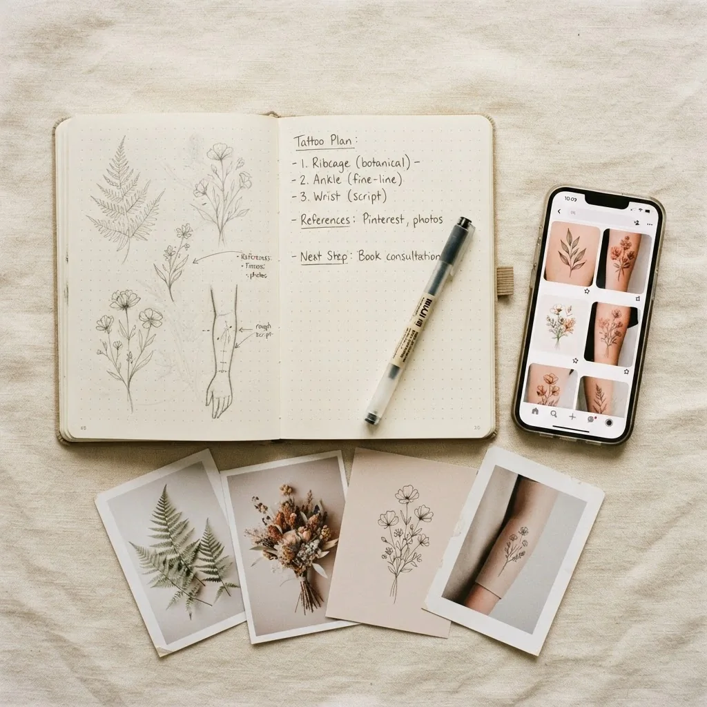 Overhead flatlay of a tattoo consultation preparation spread including a sketchbook with animal reference images, printed portfolio screenshots, a pen, and a small plant on a clean white surface in bright natural light.