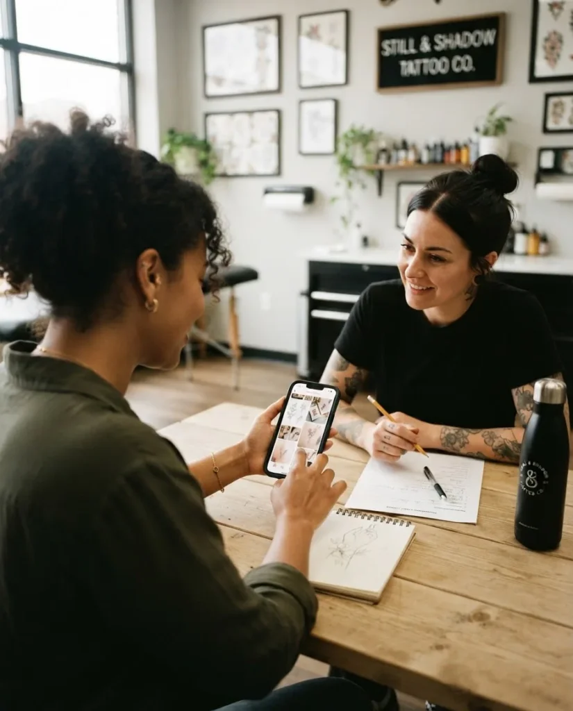 Over-the-shoulder view of a woman in her late twenties reviewing tattoo reference images on her phone with a licensed tattoo artist at a clean professional studio consultation table.
