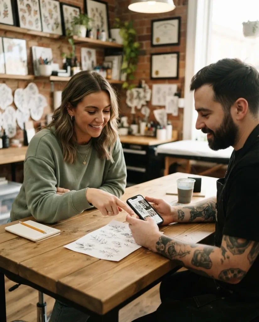 A woman in her late twenties sitting across from a tattoo artist at a clean well-lit studio consultation table, reviewing a reference image folder together in a warm professional setting.