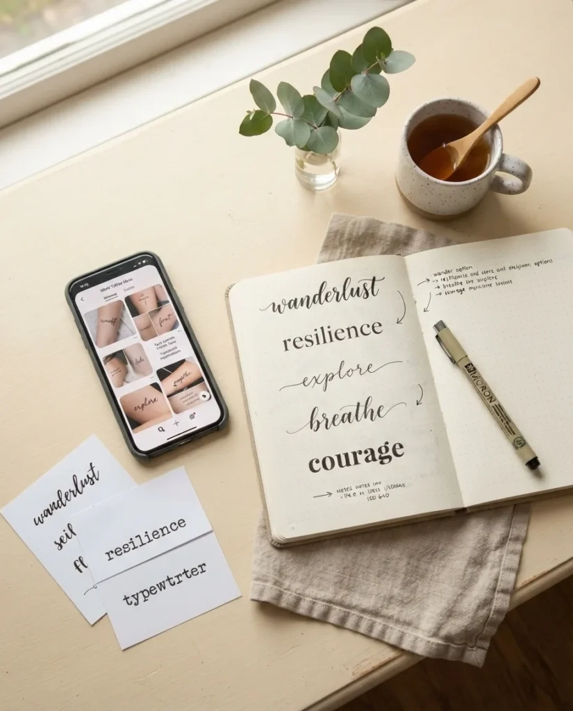 Overhead flatlay of a tattoo planning setup with an open notebook showing handwritten word options, printed font style references, and a phone displaying a Pinterest inspiration board.