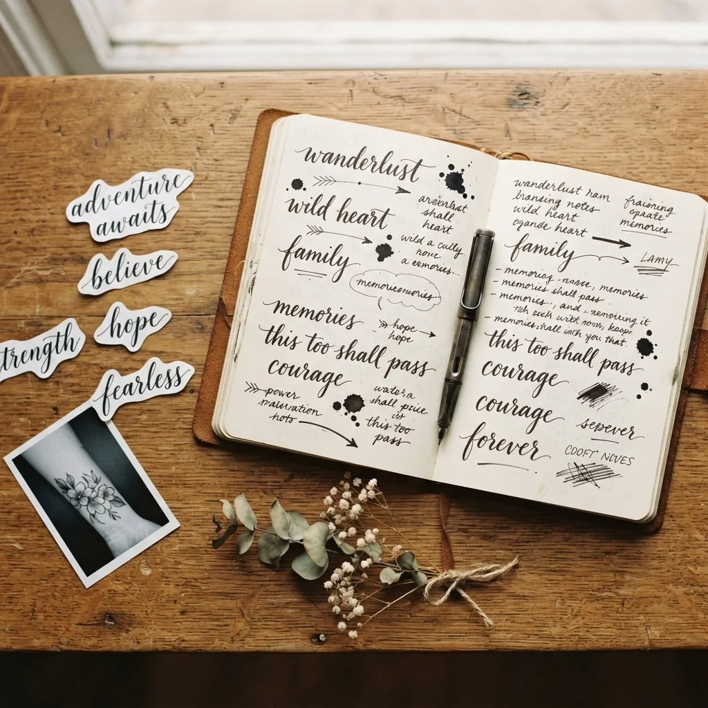 Overhead flatlay of a tattoo planning session with an open notebook, hand-written phrase options, printed script font reference images, and a pen arranged on a warm neutral surface.