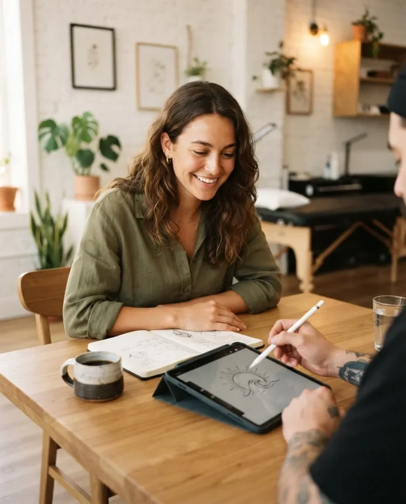 A woman in her late twenties sitting across from a tattoo artist at a clean well-lit studio consultation table reviewing reference images on a phone in warm natural light.