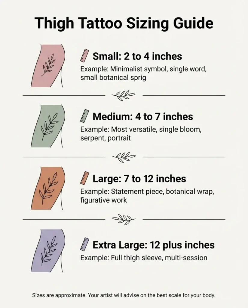 Flat vector infographic showing thigh tattoo size ranges from small two to four inches through large ten plus inches, with visual scale references and typical design examples for each size category.