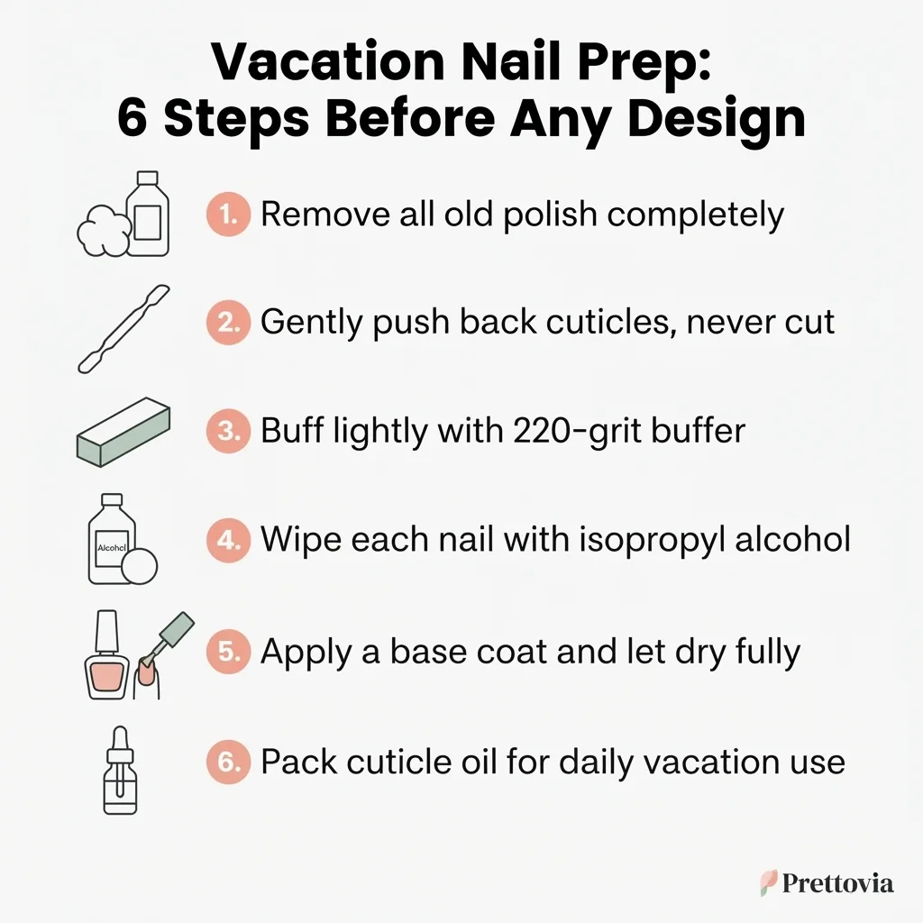 Flat vector checklist infographic titled Vacation Nail Prep in 6 Steps showing icons for removing old polish, buffing, alcohol wipe, cuticle push back, base coat, and cuticle oil.