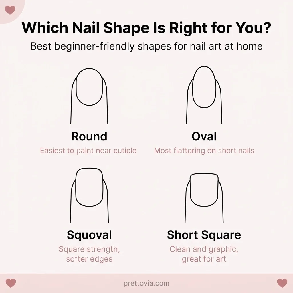 Flat vector infographic showing four beginner-friendly nail shapes, round, oval, squoval, and short square, with a label for each and a note on which works best for short nails and nail art.