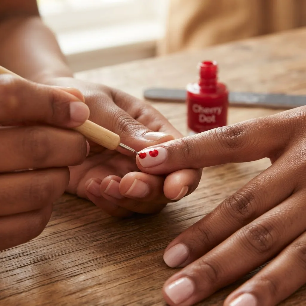 Close-up in-progress shot of a dotting tool being used to create a two-dot heart design in red nail art polish on a natural short nail, on a hand with warm deep skin tone.