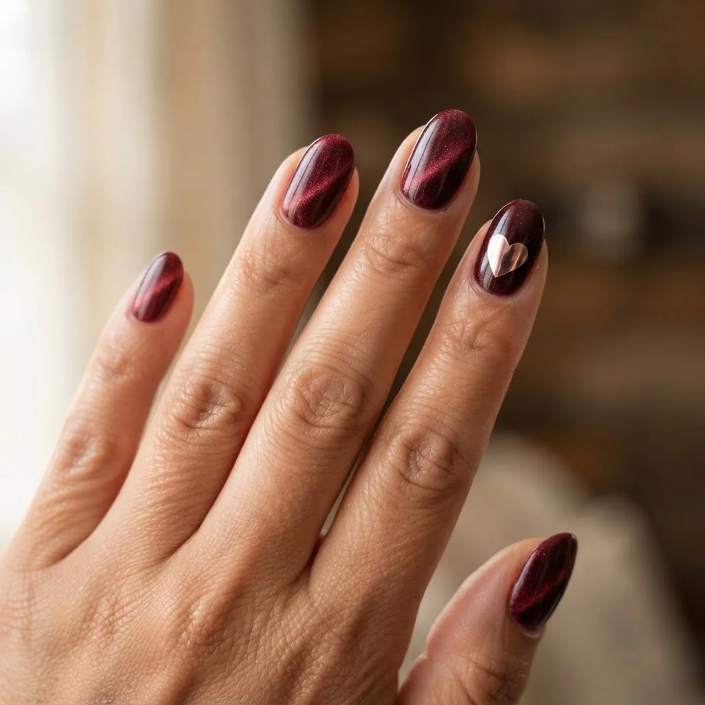 Close-up of a deep burgundy magnetic cat-eye gel manicure with a rose gold chrome heart accent on the ring finger nail, on a real-looking hand with warm medium skin tone.