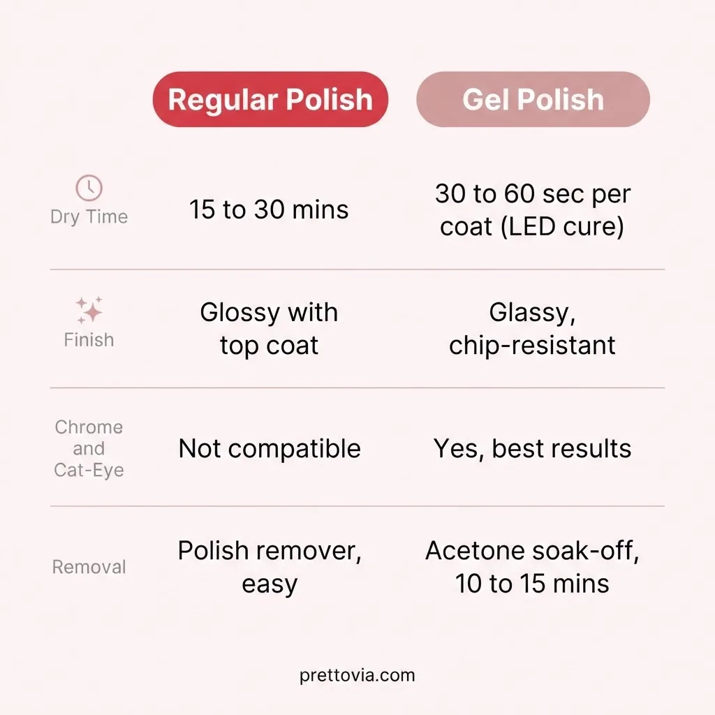 Flat vector comparison chart titled Regular Polish vs Gel for Valentine's Day Nails showing four comparison rows including finish, dry time, design options, and removal method.