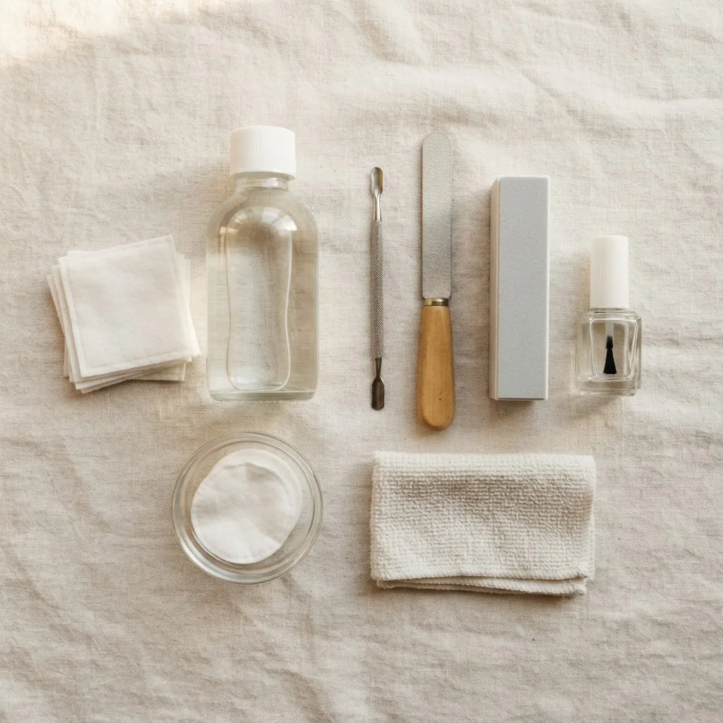 Flat lay of beginner nail prep tools including a buffer block, cuticle pusher, emery board, base coat bottle, and acetone pad on a white marble surface with soft warm lighting.