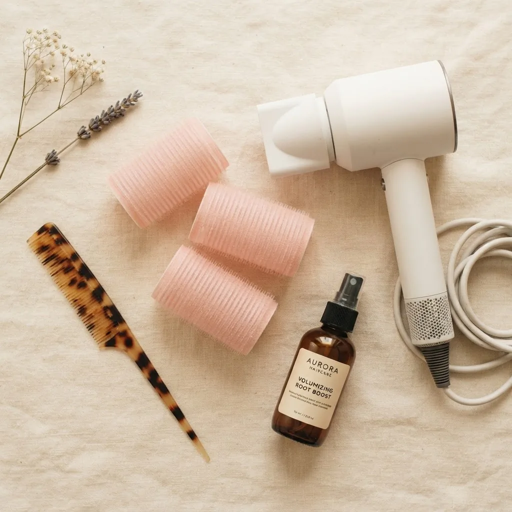 A clean flatlay of large velcro rollers, a lightweight travel-size hair dryer, and a root-lifting mousse bottle arranged on a white marble surface with warm soft lighting for a thin hair volume styling setup.