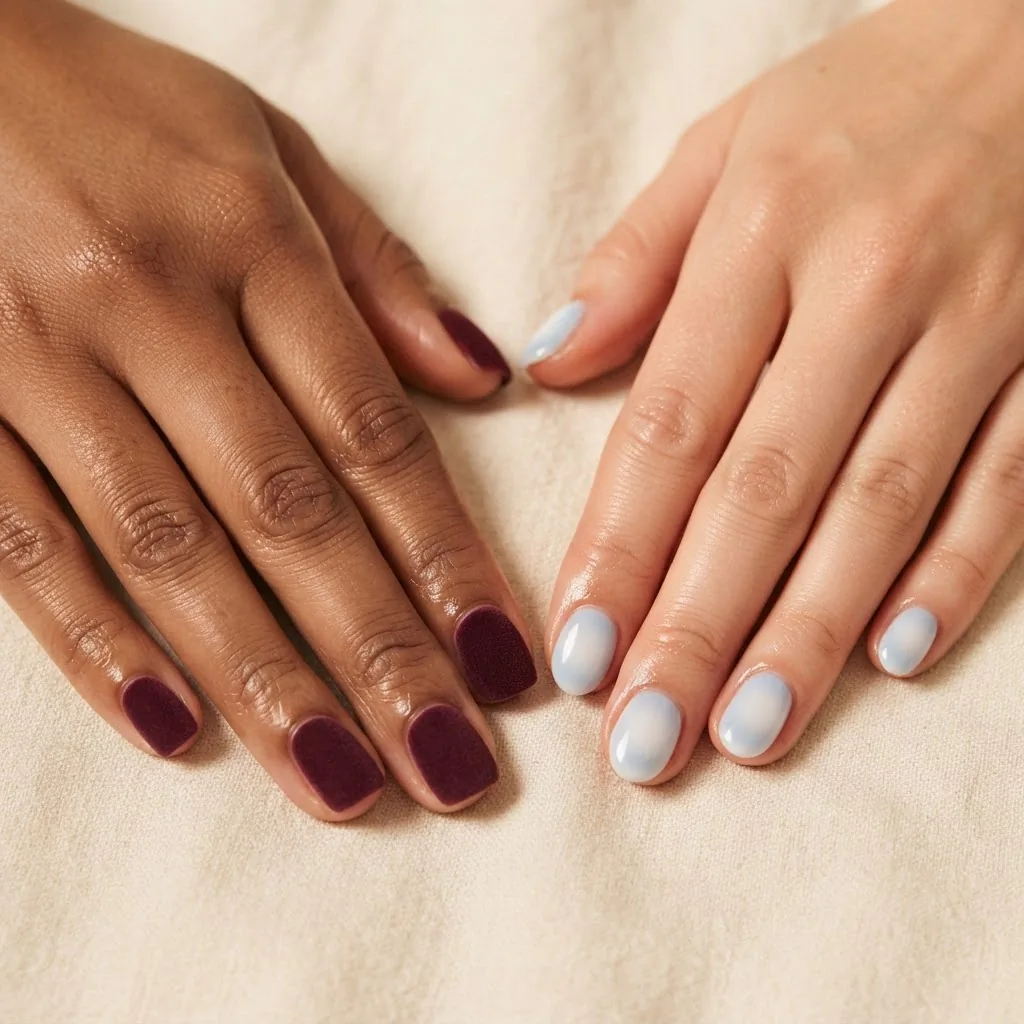 Close-up macro photo of two hands side by side, one with deep burgundy velvet flock powder nails and one with icy blue aura gradient nails, shot under warm indoor vanity light.