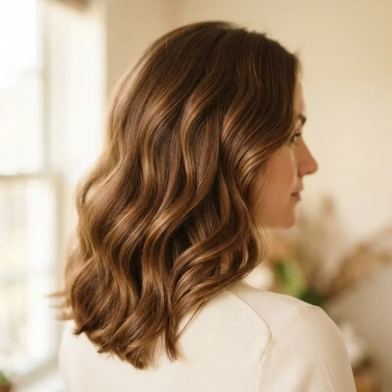 A close-up of a woman with glossy medium-length hair styled into voluminous soft waves using a blow dryer brush, warm natural window light highlighting the smooth finish.