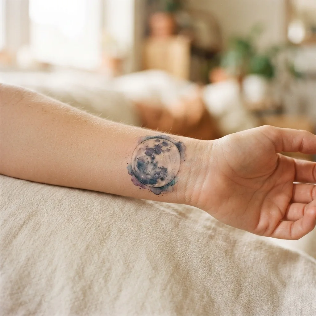 Close-up of a healed watercolor-style full moon tattoo on the forearm of a woman in her thirties, showing soft indigo and purple ink washes with gentle shading in warm natural light.