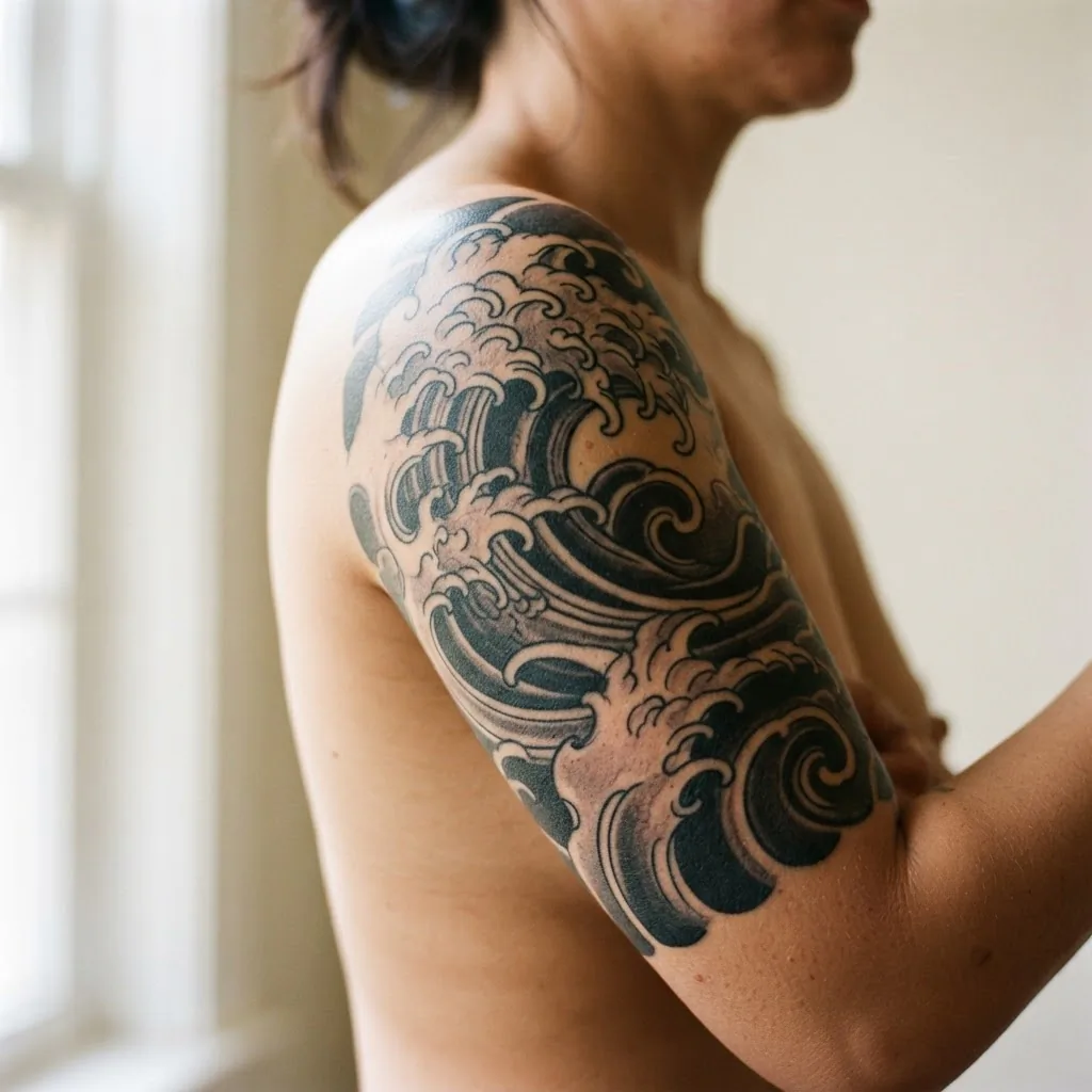 Close-up of a bold Japanese style wave tattoo on the upper arm of an adult woman, showing deep black ink, structured foam curls, and high contrast linework in the irezumi tradition.