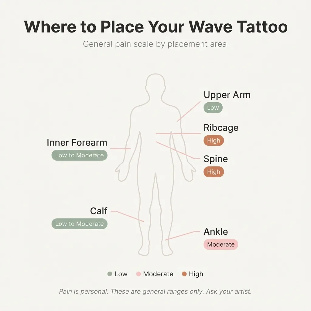 Flat vector infographic showing a body silhouette with labeled wave tattoo placement zones and corresponding pain level ratings for each area of the body.