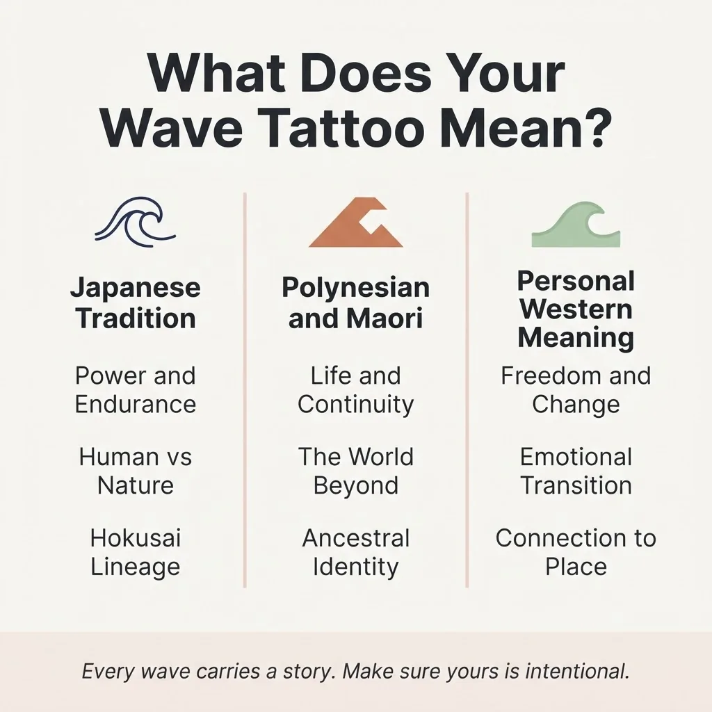 Flat vector infographic comparing the symbolic meaning of wave tattoos across three traditions including Japanese ukiyo-e, Polynesian and Maori, and personal Western meaning.