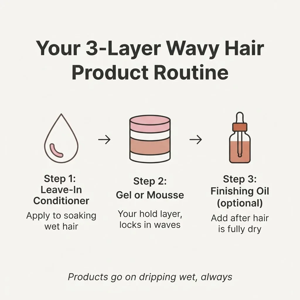 Minimalist flat vector infographic showing the three-step wavy hair product layering routine with leave-in conditioner, gel, and optional finishing oil.