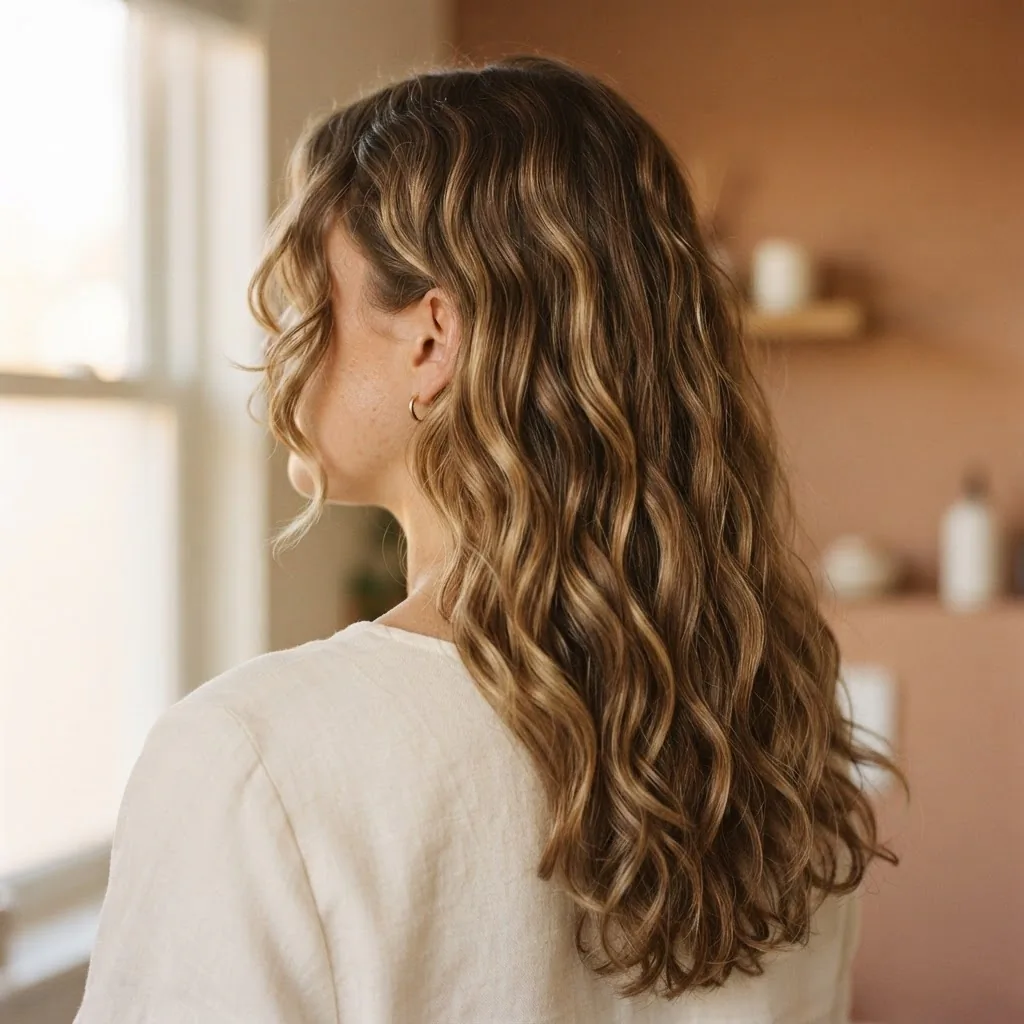 Close-up of defined soft wavy hair on a young woman showing natural 2B wave pattern with frizz-free texture and warm natural lighting.