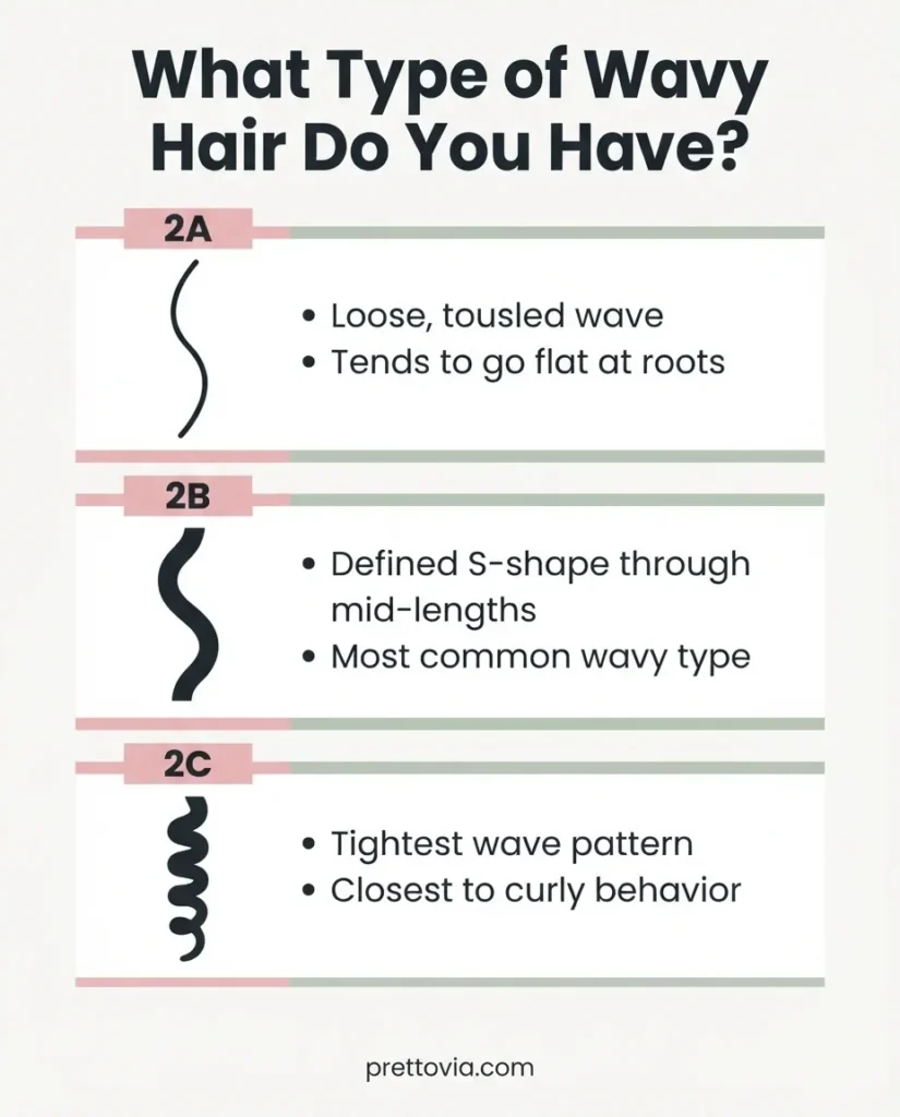 Flat vector infographic comparing 2A, 2B, and 2C wavy hair types with illustrated wave patterns and key characteristics for each.