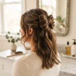 A woman with medium-length warm brunette hair wearing a polished twisted half-up bow updo, photographed from the back and side at a soft-lit vanity mirror, showing the finished bow detail at the crown.