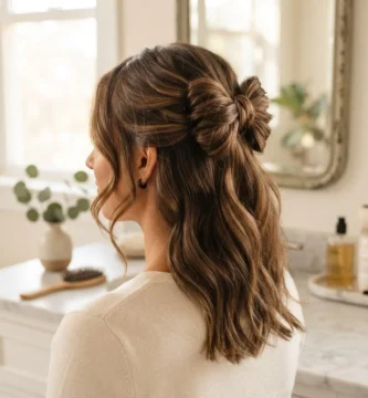 A woman with medium-length warm brunette hair wearing a polished twisted half-up bow updo, photographed from the back and side at a soft-lit vanity mirror, showing the finished bow detail at the crown.