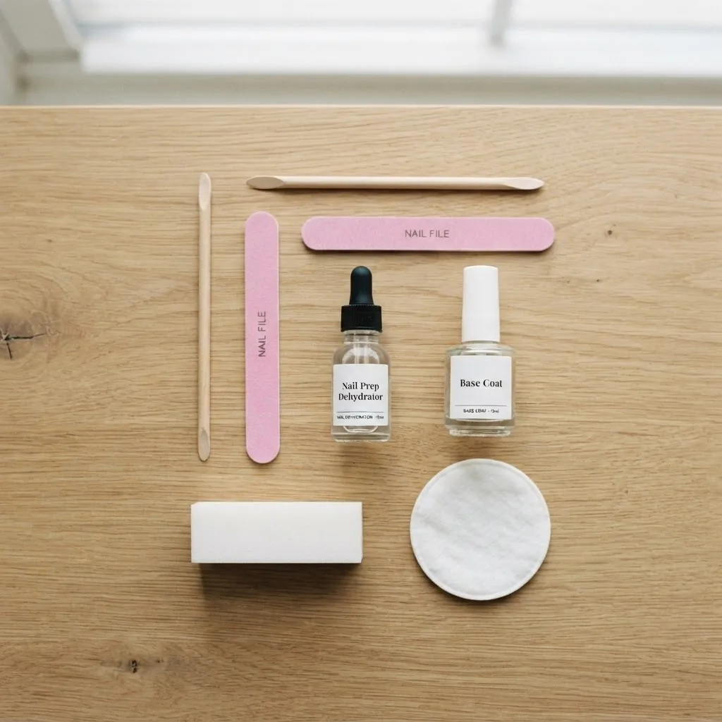Flat lay of nail prep tools including a cuticle pusher, buffer block, nail file, base coat, and dehydrator bottle arranged on a light wood surface with soft natural lighting.