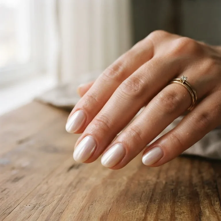 Close-up of a finished glazed chrome pearl bridal manicure on a natural hand with a soft pearlescent mirror finish against warm window light.