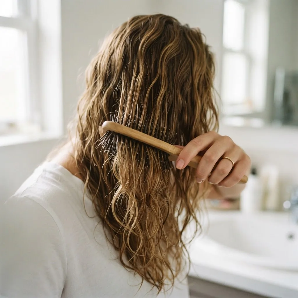 Close-up of a Wet Brush detangler moving through wet wavy hair from ends upward toward the roots to demonstrate damage-reducing detangling technique.