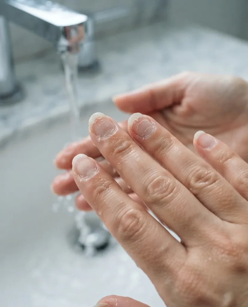 Close-up of hands with visibly peeling and slightly brittle natural nails being rinsed under water, showing the effects of repeated wet-dry cycling on nail health, soft diffused lighting.